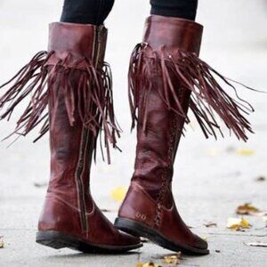 NIB Bed Stu Hoplia Leather Fringe Trim Riding Boot Dark Scarlet Rustic Size 7M